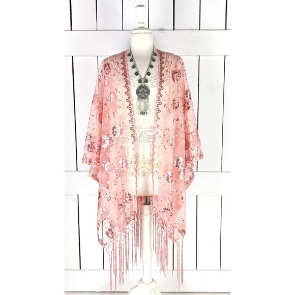 Sheer peach pink net sequin floral fringe kimono cardigan cover up jacket - Picture 7 of 7